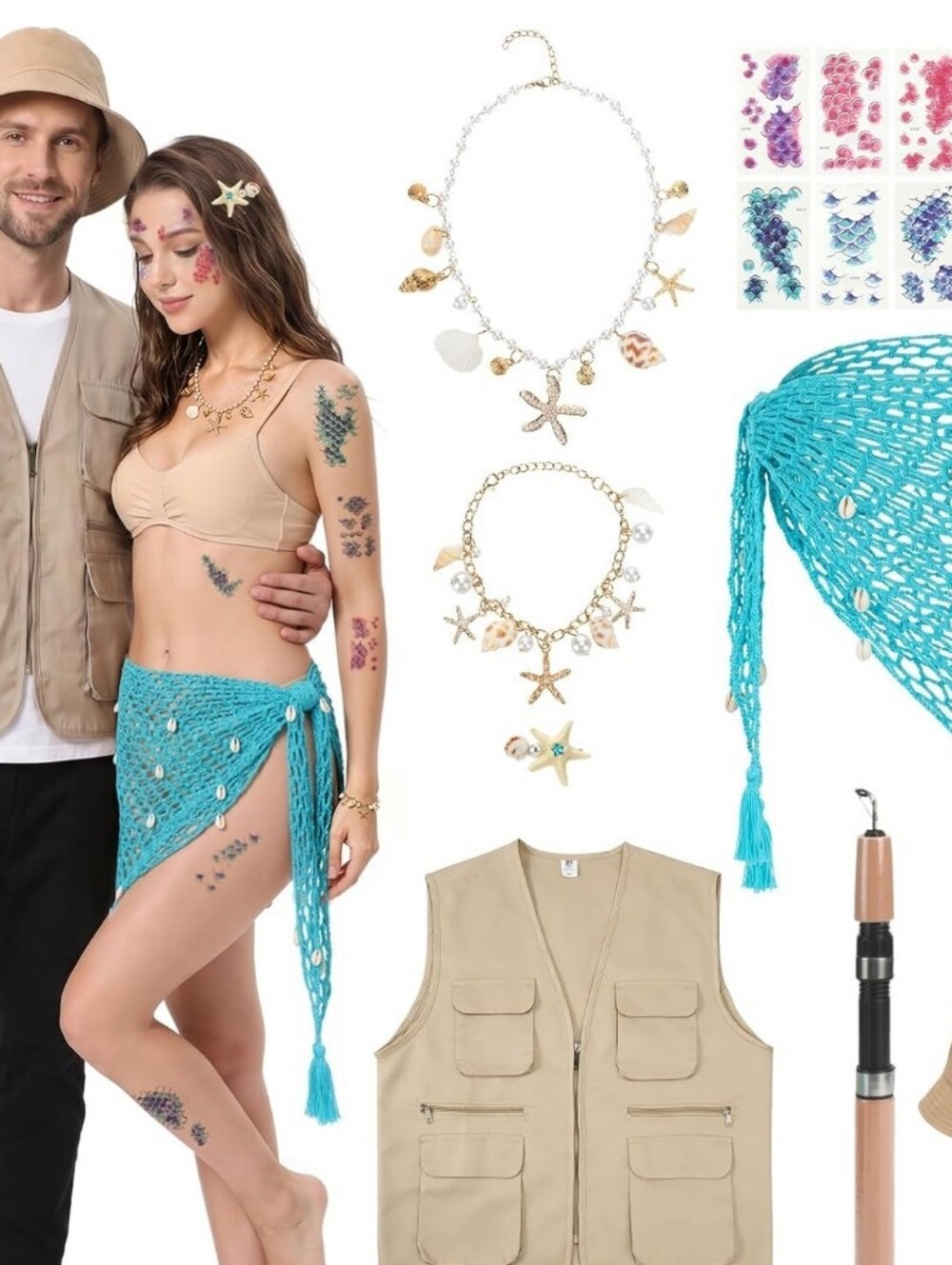 New Fisherman & Mermaid Couples Halloween Costume Set Vest Skirt Jewelry